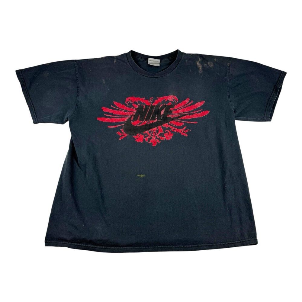 Vintage black & Red Nike Swoosh Spell-Out T-Shirt Size Large Gray Tag Distressed